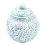 Celadon ceramic jar, 'Flower Fairy' - Hand Crafted Celadon Ceramic Floral-Themed Jar