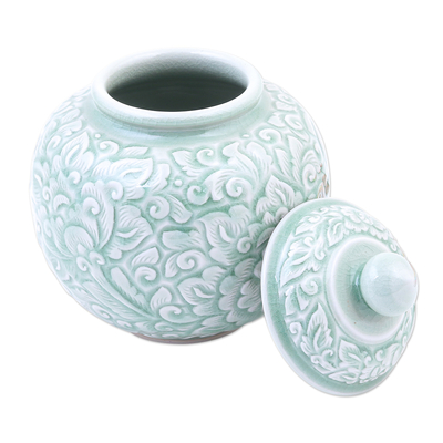 Celadon ceramic jar, 'Flower Fairy' - Hand Crafted Celadon Ceramic Floral-Themed Jar