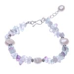 Cultured pearl and fluorite beaded bracelet, 'Mellow Night' - Cultured Freshwater Pearl and Fluorite Beaded Bracelet