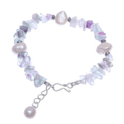 Cultured pearl and fluorite beaded bracelet, 'Mellow Night' - Cultured Freshwater Pearl and Fluorite Beaded Bracelet