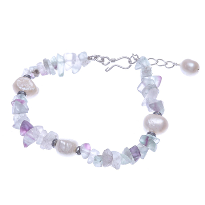 Cultured pearl and fluorite beaded bracelet, 'Mellow Night' - Cultured Freshwater Pearl and Fluorite Beaded Bracelet