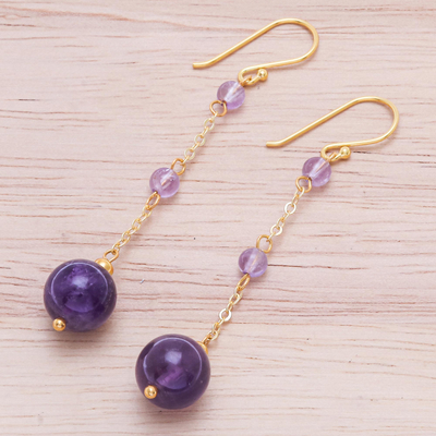 Gold-plated amethyst dangle earrings, 'Twilight Dew' - Hand Crafted Gold-Plated Amethyst Dangle Earrings