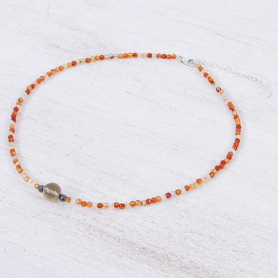 Multi-gemstone pendant necklace, 'Sunrise Hour' - Carnelian and Hematite Beaded Pendant Necklace