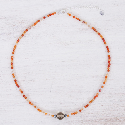 Multi-gemstone pendant necklace, 'Sunrise Hour' - Carnelian and Hematite Beaded Pendant Necklace