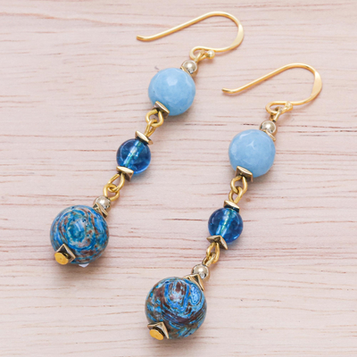 Gold-accented multi-gemstone dangle earrings, 'Elemental in Blue' - Gold-Accented Quartz and Jasper Dangle Earrings