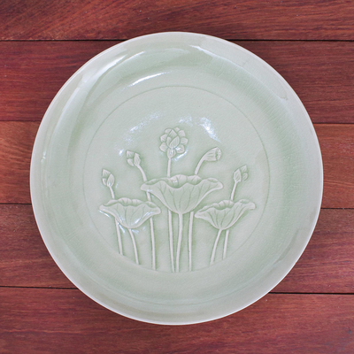 Plato llano de cerámica celadón - Plato llano de flor de loto de cerámica verde celadón