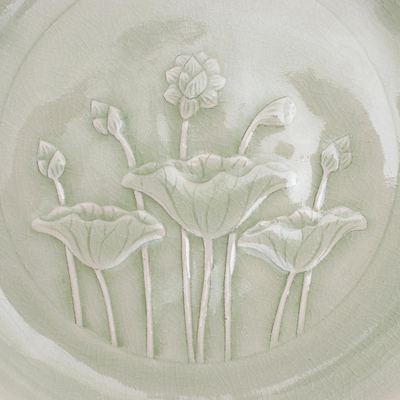 Plato llano de cerámica celadón - Plato llano de flor de loto de cerámica verde celadón