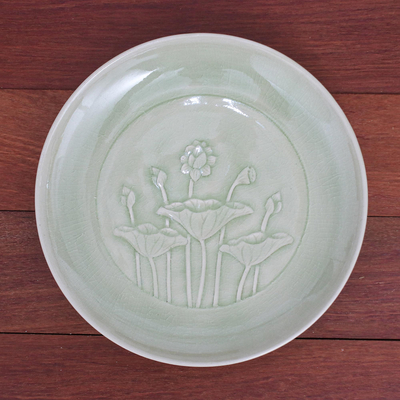 Ensaladera de cerámica Celadon - Plato de ensalada de flor de loto de cerámica celadón hecho a mano