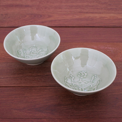 Celadon ceramic bowls, 'Flavorful' (pair) - Green Celadon Ceramic Lotus Flower Bowls (Pair)