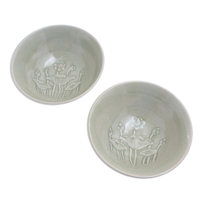 Cuencos de cerámica Celadon, (par) - Cuencos de flor de loto de cerámica verde celadón (par)