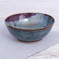 Ceramic soup bowl, 'Happy Harvest' - Hand Crafted Blue Ceramic Soup Bowl