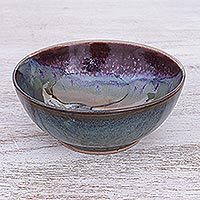Ceramic cereal bowl, 'Happy Harvest' - Thai Blue and Red Ceramic Cereal Bowl