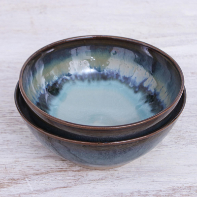 Ceramic cereal bowls, 'Blue Crush' (pair) - Hand Crafted Blue Ceramic Cereal Bowls (Pair)