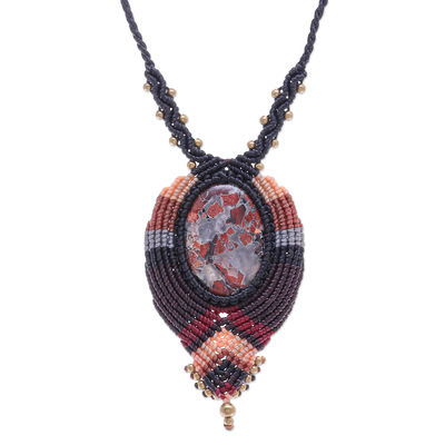 Macrame jasper pendant necklace, 'Bohemian Revolt' - Macrame Jasper and Brass Bead Bohemian Necklace
