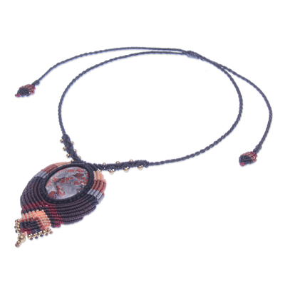 Macrame jasper pendant necklace, 'Bohemian Revolt' - Macrame Jasper and Brass Bead Bohemian Necklace