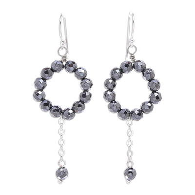 Hematite dangle earrings, 'Shimmering Wreath' - Hematite and Sterling Silver Dangle Earrings
