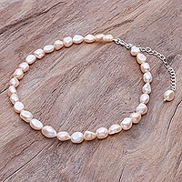 Halskette aus Zuchtperlen, „Mermaid Gem in Peach“ – Halsband aus Süßwasserzuchtperlen und Sterlingsilber