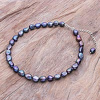 Cultured pearl choker necklace, 'Mermaid Gem in Peacock' - Blue Cultured Pearl and Sterling Silver Choker Necklace