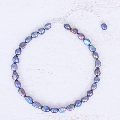 Halskette aus Zuchtperlen - Halskette mit blauen Zuchtperlen und Sterlingsilber