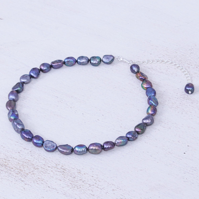 Halskette aus Zuchtperlen - Halskette mit blauen Zuchtperlen und Sterlingsilber