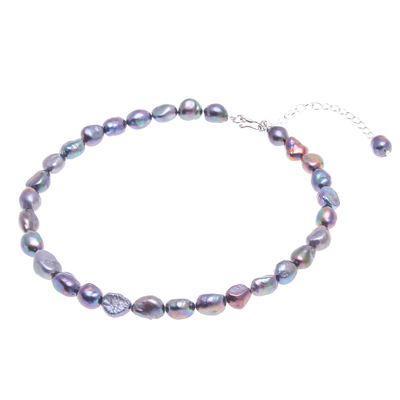Cultured pearl choker necklace, 'Mermaid Gem in Peacock' - Blue Cultured Pearl and Sterling Silver Choker Necklace