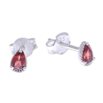 Garnet stud earrings, 'Wine Drop' - Hand Made Garnet and Sterling Silver Stud Earrings