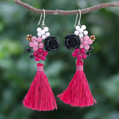 Quartz dangle earrings, 'Candy Bouquet in Deep Pink' - Quartz and Glass Beaded Dangle Earrings
