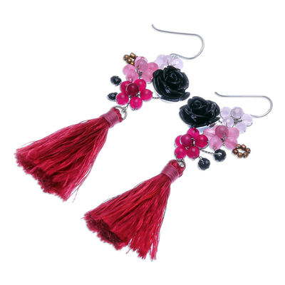 Quartz dangle earrings, 'Candy Bouquet in Deep Pink' - Quartz and Glass Beaded Dangle Earrings
