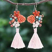 Pendientes colgantes con múltiples piedras preciosas, 'Candy Bouquet in Orange' - Pendientes colgantes de ágata y perlas cultivadas de agua dulce