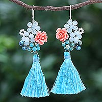 Multi-gemstone dangle earrings, 'Candy Bouquet in Blue' - Chalcedony and Cultured Pearl Dangle Earrings