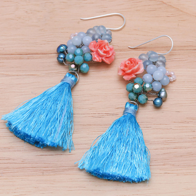 Multi-gemstone dangle earrings, 'Candy Bouquet in Blue' - Chalcedony and Cultured Pearl Dangle Earrings