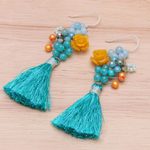 Quartz and cultured pearl dangle earrings, 'Candy Bouquet in Turquoise' - Quartz and Cultured Freshwater Pearl Dangle Earrings
