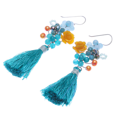 Quartz and cultured pearl dangle earrings, 'Candy Bouquet in Turquoise' - Quartz and Cultured Freshwater Pearl Dangle Earrings
