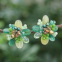 Quartz and cultured pearl clip-on earrings, 'Solaris in Green'