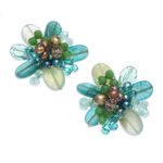 Quartz and cultured pearl clip-on earrings, 'Solaris in Green' - Quartz and Cultured Pearl Cluster Clip-On Earrings