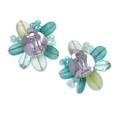 Quartz and cultured pearl clip-on earrings, 'Solaris in Green' - Quartz and Cultured Pearl Cluster Clip-On Earrings
