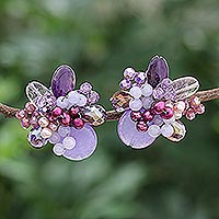 Multi-gemstone clip-on earrings, 'Solaris in Purple'