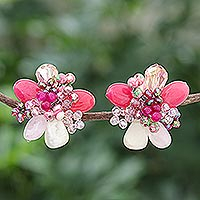 Pendientes de clip con múltiples piedras preciosas, 'Solaris in Pink' - Pendientes de clip en racimo de ágata y cuarzo rosa
