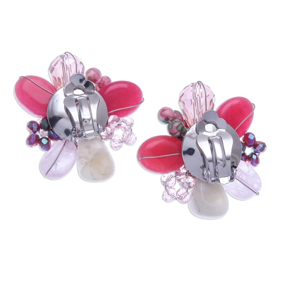Multi-gemstone clip-on earrings, 'Solaris in Pink' - Agate and Rose Quartz Cluster Clip-On Earrings