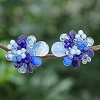 Multi-gemstone clip-on earrings, 'Solaris in Blue'