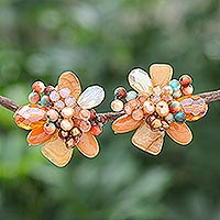 Multi-gemstone clip-on earrings, 'Solaris in Orange' - Quartz and Cultured Pearl Cluster Clip-On Earrings