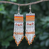 Glass beaded waterfall earrings, 'Curtain in Orange'