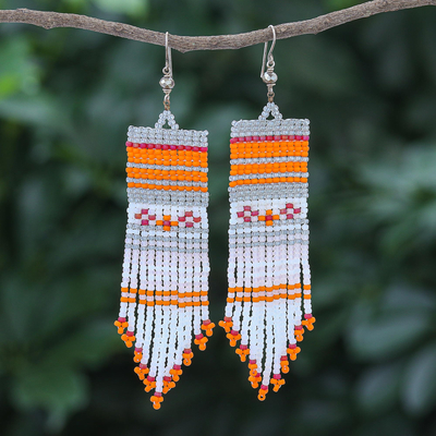 Glass beaded waterfall earrings, 'Curtain in Orange' - Hand Threaded Glass Bead Waterfall Earrings
