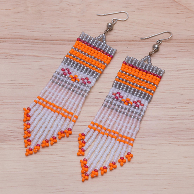 Glass beaded waterfall earrings, 'Curtain in Orange' - Hand Threaded Glass Bead Waterfall Earrings