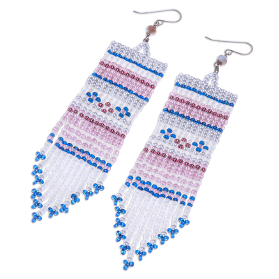 Glass beaded waterfall earrings, 'Curtain in Blue' - Hand Crafted Glass Bead Waterfall Earrings