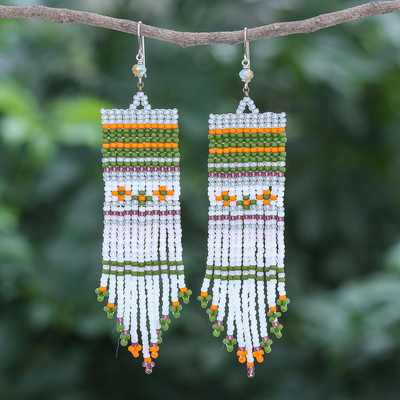 Glass beaded waterfall earrings, 'Curtain in Green' - Thai Glass Bead and Sterling Silver Waterfall Earrings