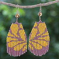 Quartz dangle earrings, 'Clover in Orange' - Quartz and Pink Glass Bead Waterfall Earrings