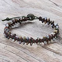 Macrame agate beaded bracelet, 'Spiritual Side in Brown' - Hand Knotted Macrame Agate and Leather Cord Bracelet