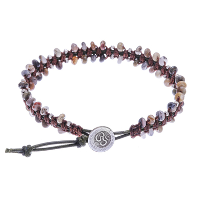 Macrame agate beaded bracelet, 'Spiritual Side in Brown' - Hand Knotted Macrame Agate and Leather Cord Bracelet