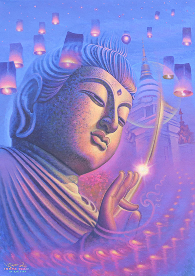'Yee Peng' - Pintura de Buda firmada en acrílico sobre lienzo